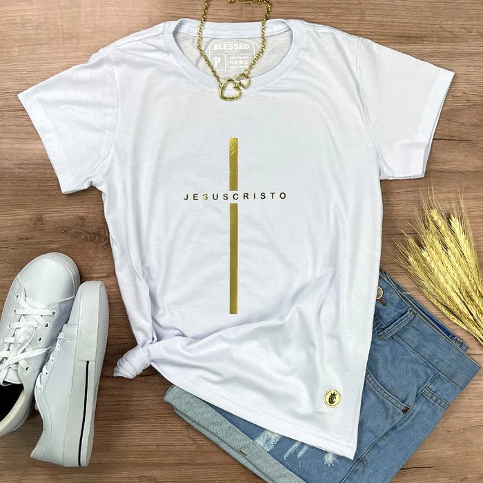 Camiseta Feminina Branca Cruz Dourada Jesus Cristo