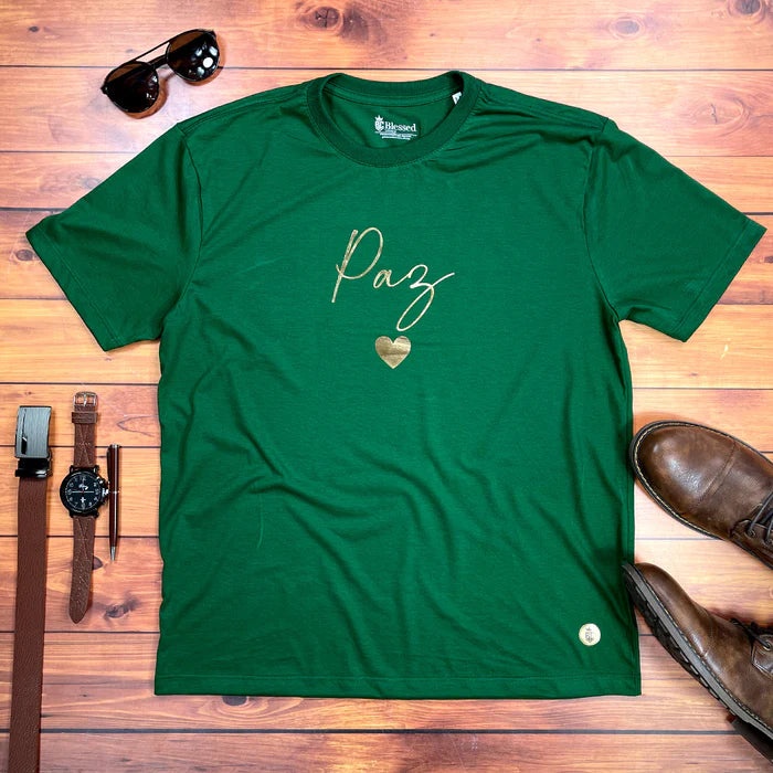 Camiseta Masculina Verde Paz Coração Dourado