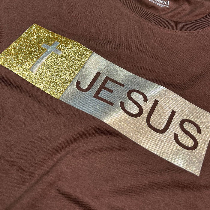 Camiseta Feminina Marrom Aplique Jesus Glitter Dourado