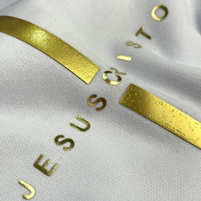 Camiseta Masculina Branca Cruz Dourada Jesus Cristo