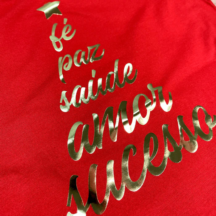 T-Shirt Infantil Vermelha Árvore Fé Paz Dourado