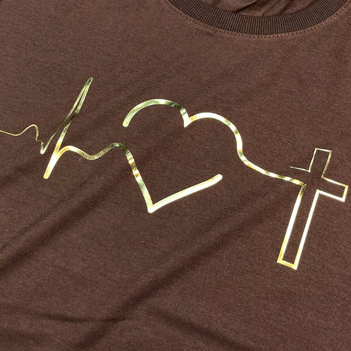 Camiseta Feminina Marrom Batimento Coração Dourado