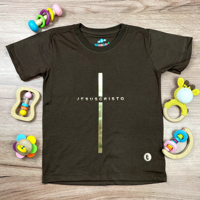T-Shirt Infantil Marrom Cruz Dourada Jesus Cristo