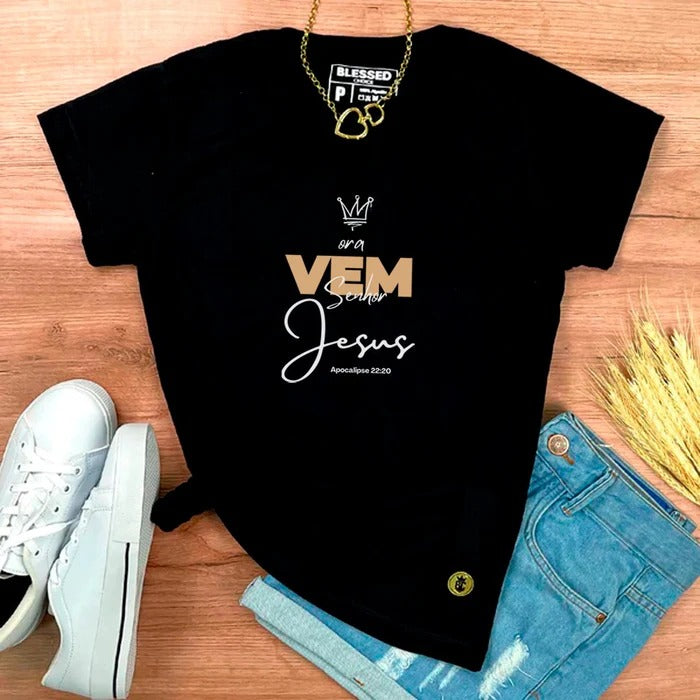 Camiseta Feminina Preta Ora Vem Senhor Jesus