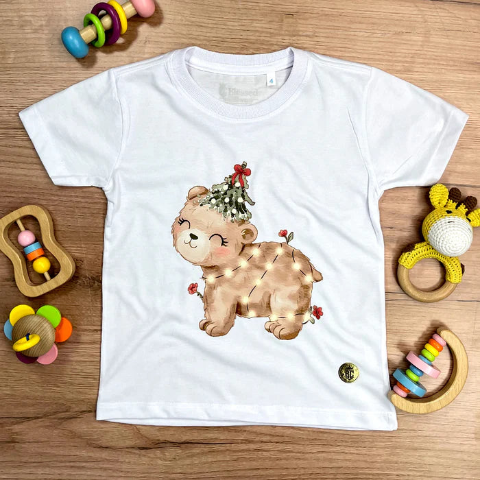 T-Shirt Infantil Branca Urso Brilhante