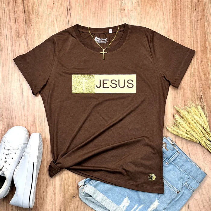Camiseta Feminina Marrom Aplique Jesus Glitter Dourado