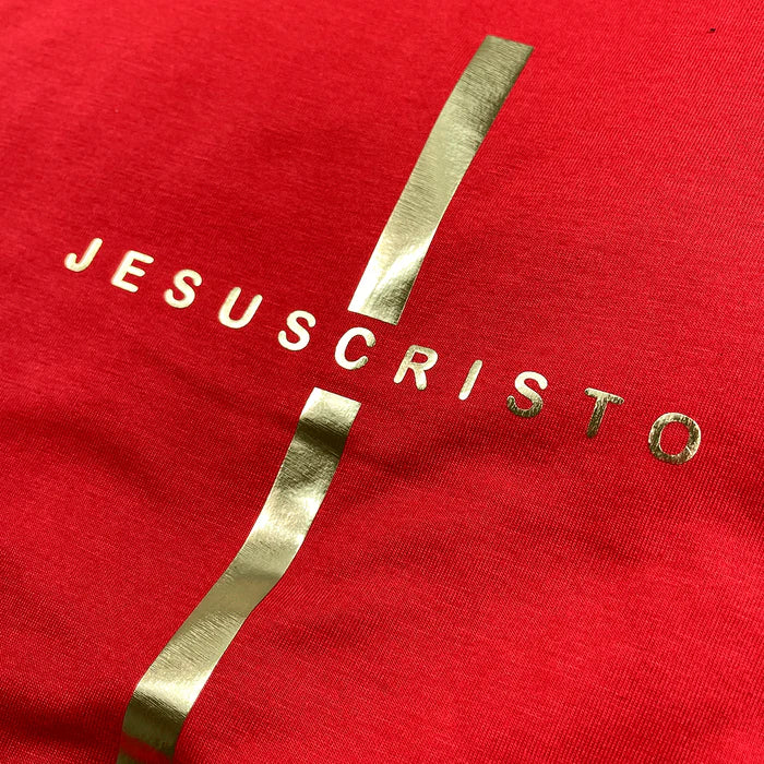 T-Shirt Infantil Vermelha Cruz Dourada Jesus Cristo