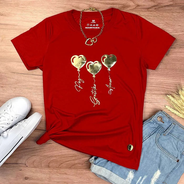 Camiseta Feminina Vermelha Coração Paz Amor Dourado