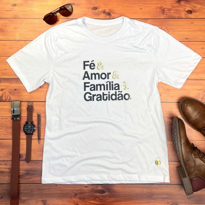 Camiseta Masculina Branca Fé & Amor Dourado