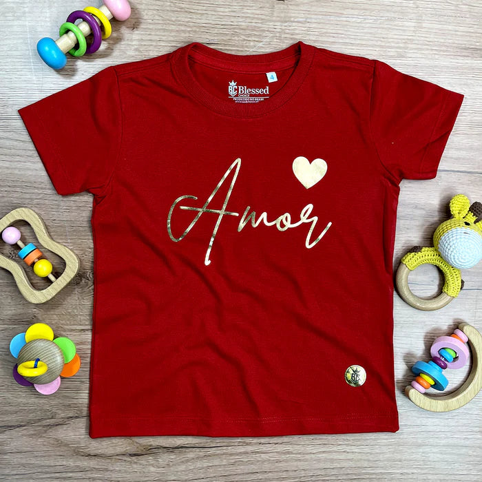 T-Shirt Infantil Vermelha Amor Coração Dourado