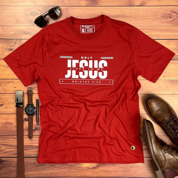 Camiseta Masculina Vermelha Holy Jesus Lives In