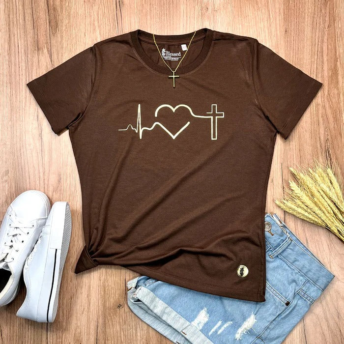 Camiseta Feminina Marrom Batimento Coração Dourado