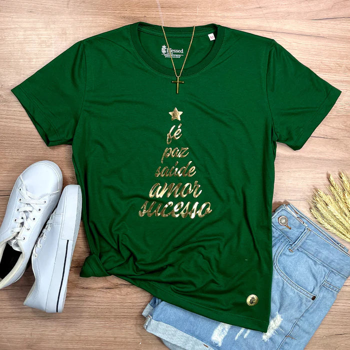 Camiseta Feminina Verde Árvore Fé Paz Dourado