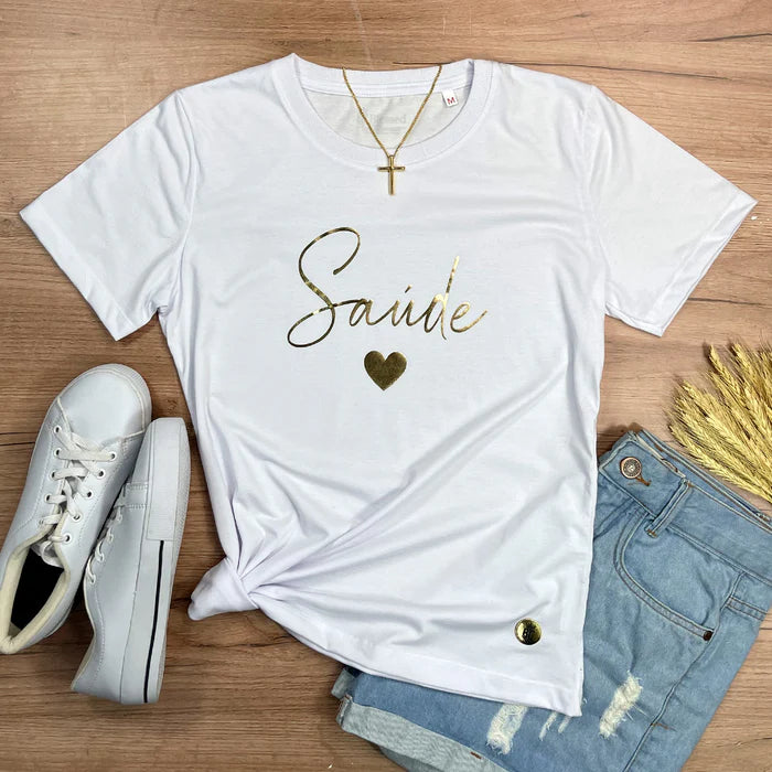 Camiseta Feminina Branca Saúde Coração Dourado