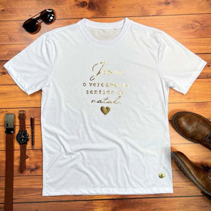 Camiseta Masculina Branca Jesus o Verdadeiro Sentido do Natal Dourado