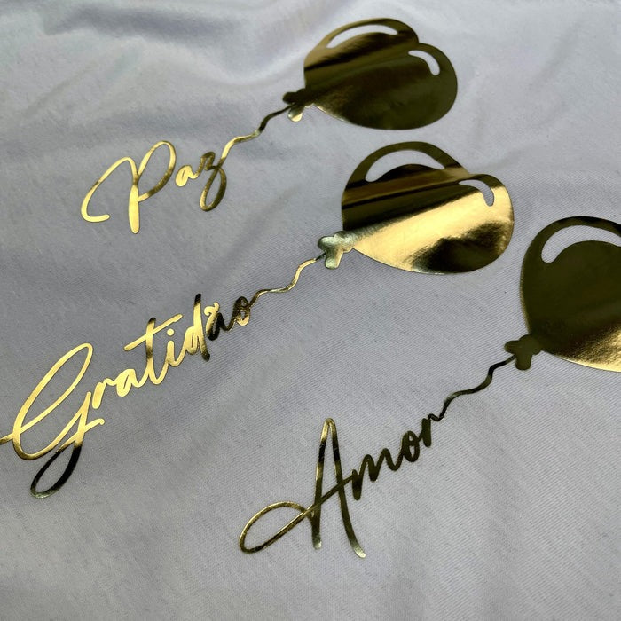 Camiseta Feminina Branca Coração Paz Amor Dourado